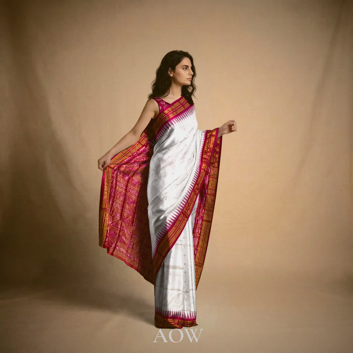 Beige Red Sambalpuri Pure Pata Half Tissue Saree