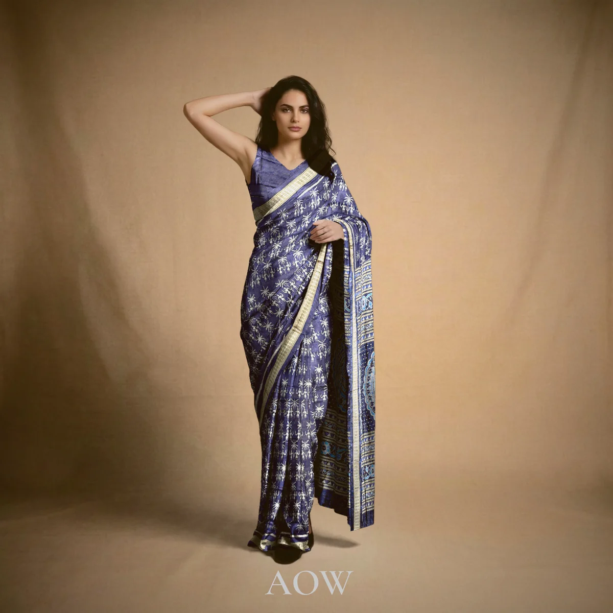 Bluish Gray Tribal-Motif Sambalpuri Pure Pata Saree