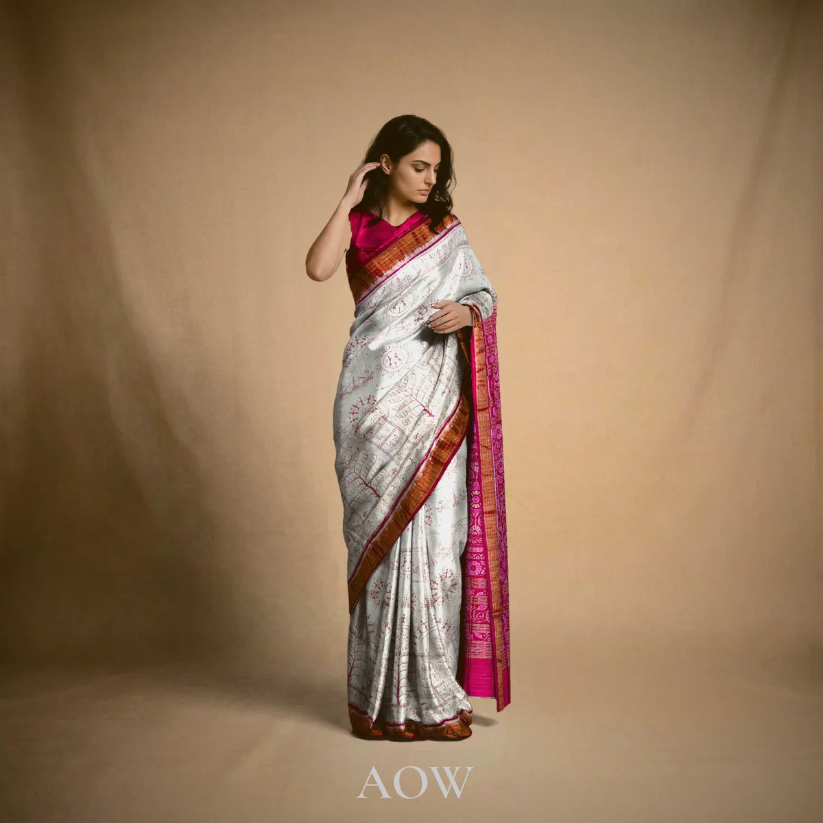 Beige Tribal-Motif Sambalpuri Pure Pata Half Tissue Saree