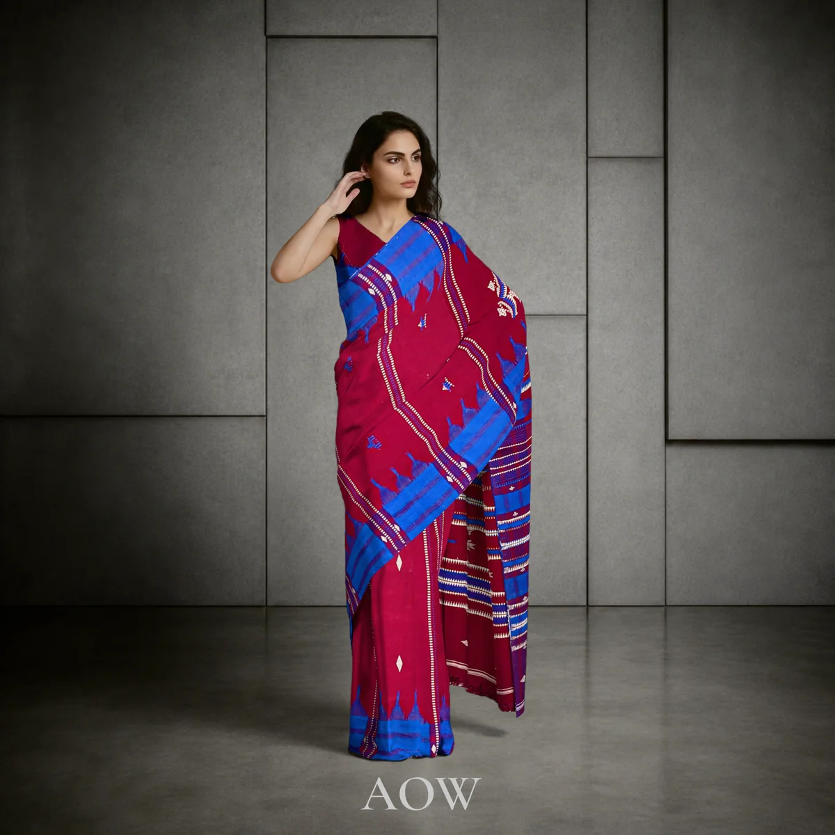 Maroon Blue-Border Kotpad Cotton Saree