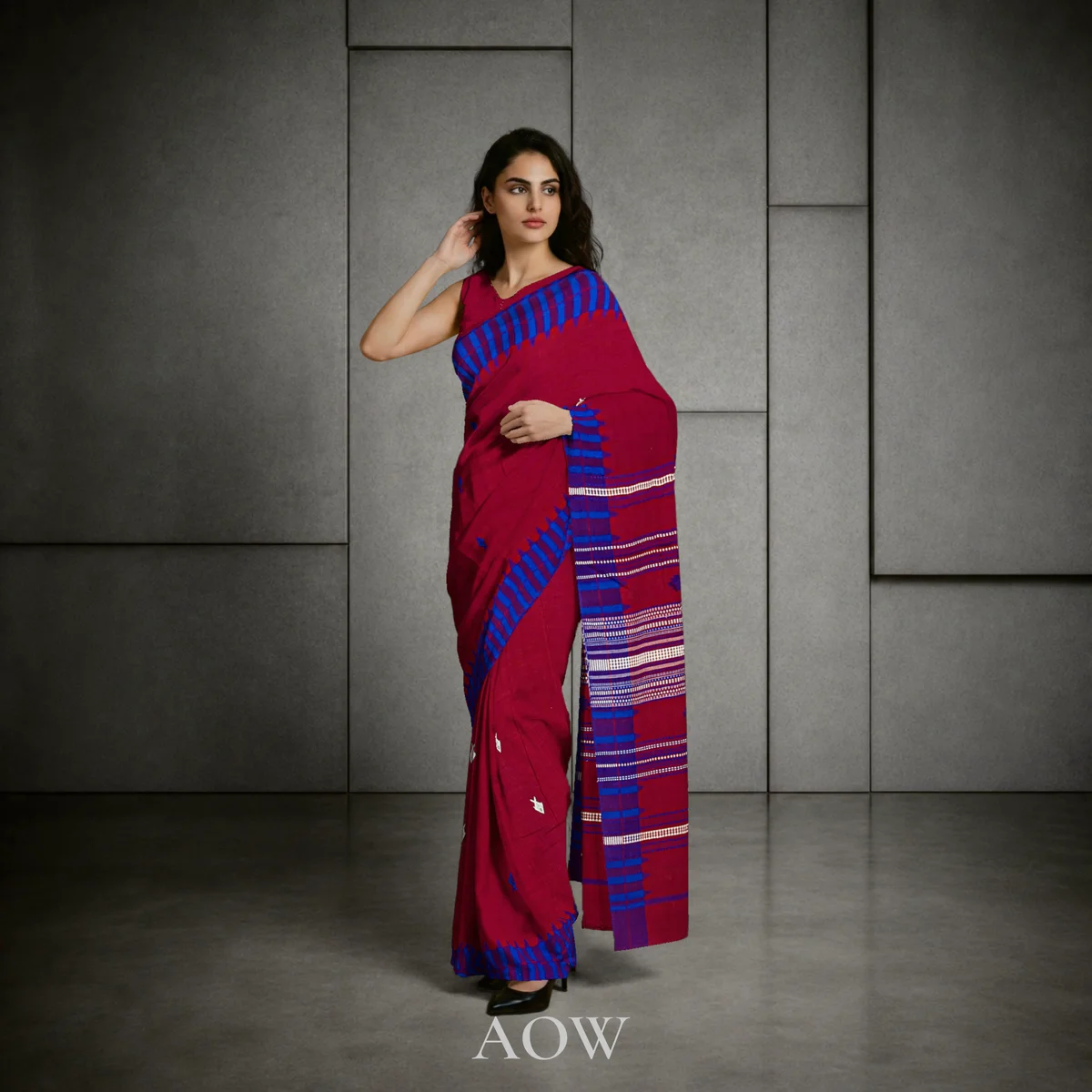 Brown Blue-Fence-Border Kotpad Cotton Saree