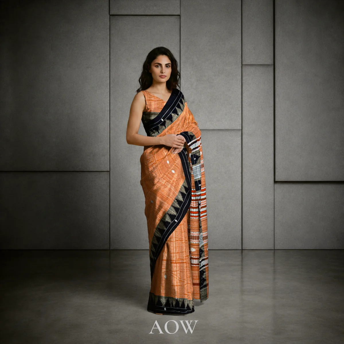 Peach Black-Border Kotpad Tussar Silk Saree
