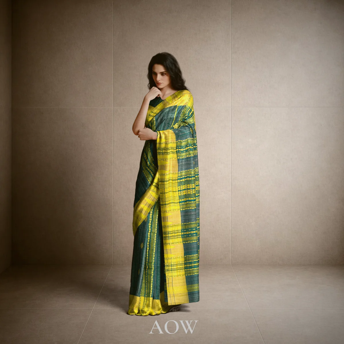 Green Yellow Kotpad Tussar Silk Saree